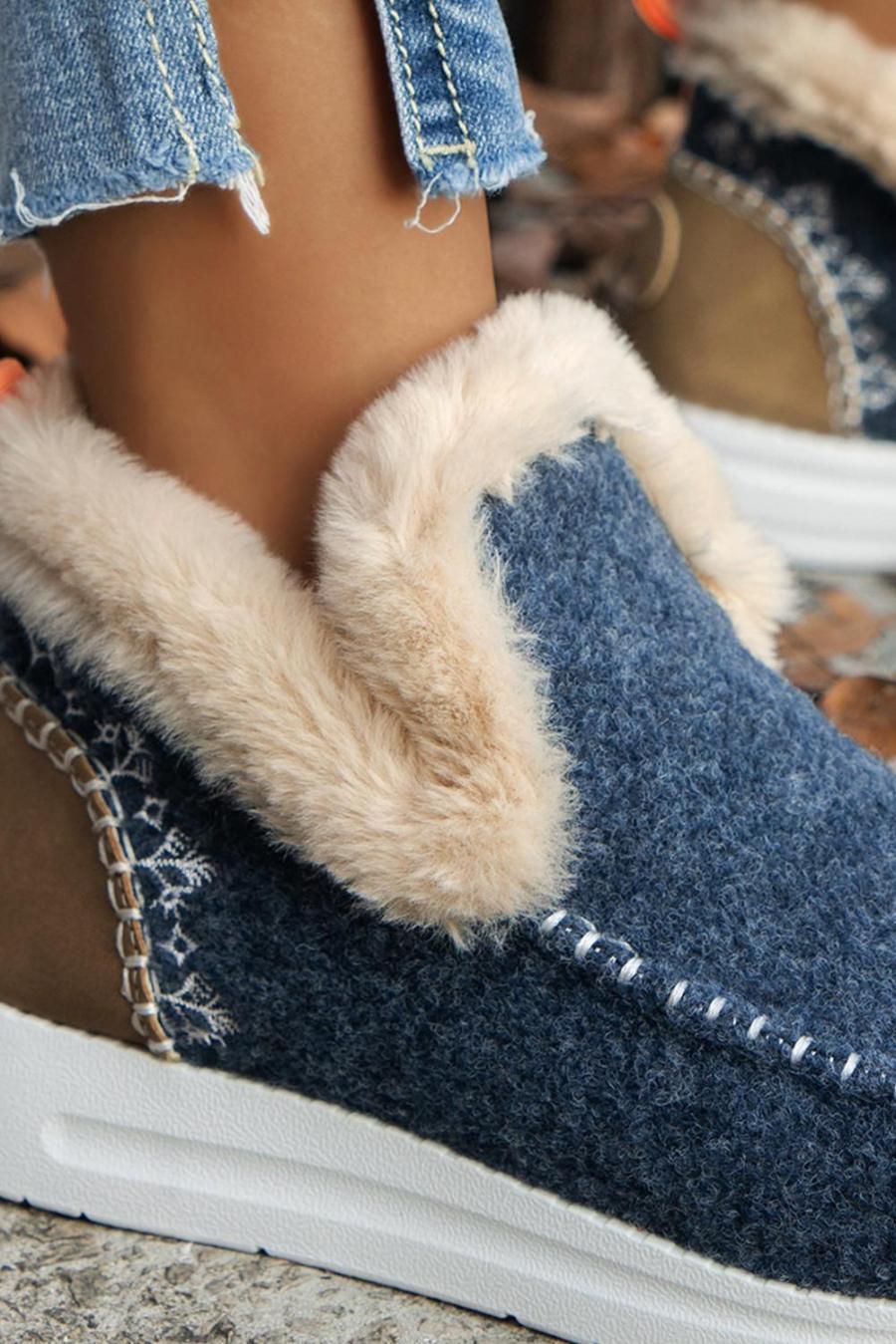 Boots | Blue Suede Stitching Patchwork Plush Lined Anklet Boots - Women