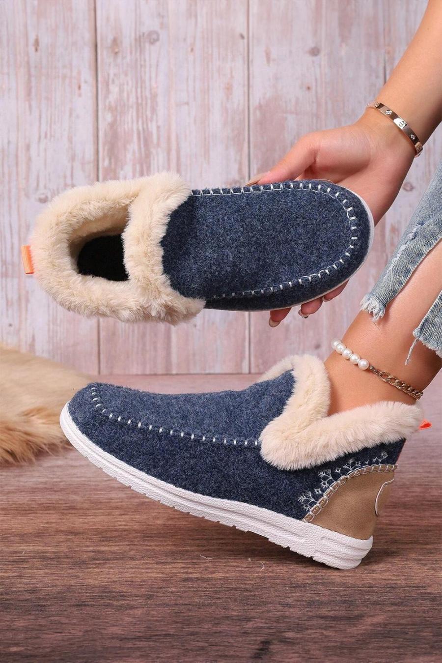 Boots | Blue Suede Stitching Patchwork Plush Lined Anklet Boots - Women