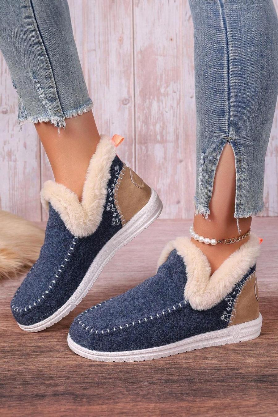 Boots | Blue Suede Stitching Patchwork Plush Lined Anklet Boots - Women
