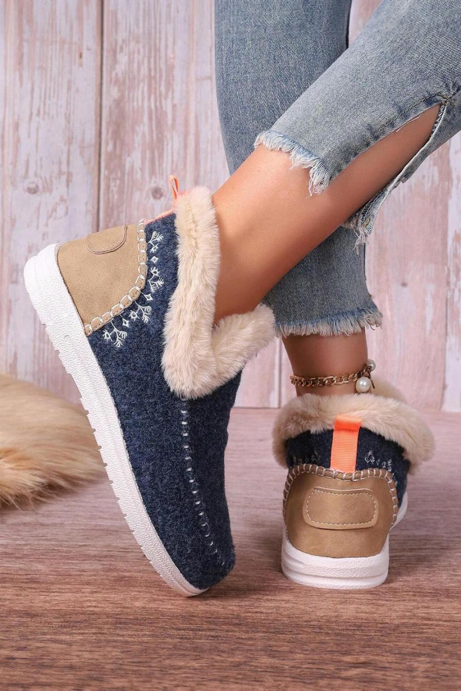 Boots | Blue Suede Stitching Patchwork Plush Lined Anklet Boots - Women