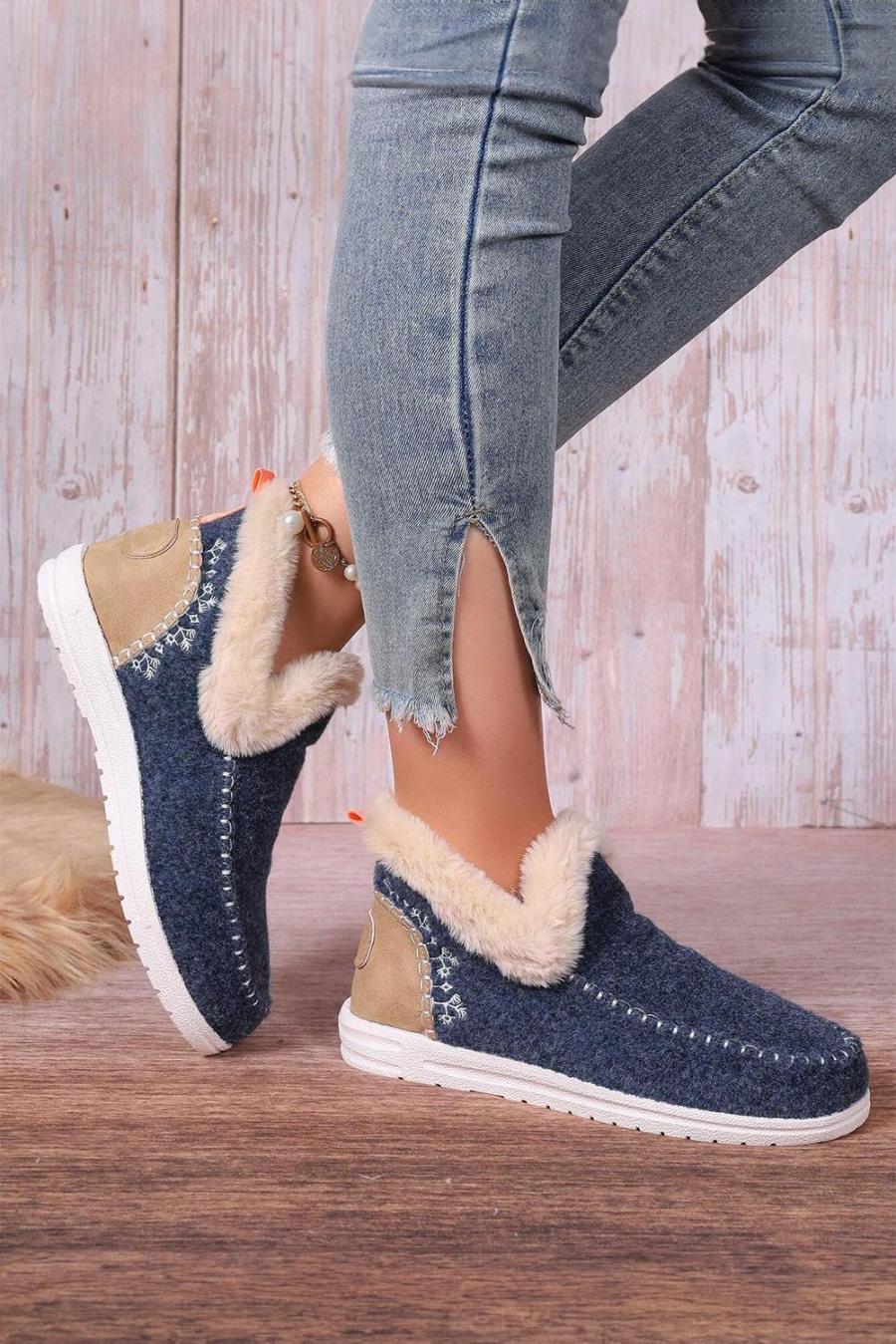 Boots | Blue Suede Stitching Patchwork Plush Lined Anklet Boots - Women