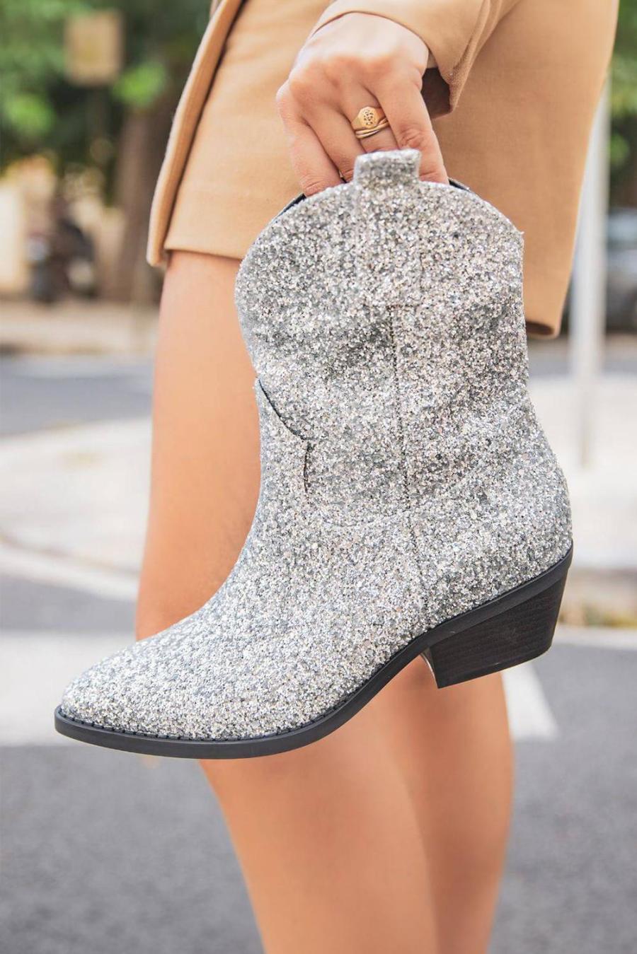 Boots | Silvery Glitter Pu Leather Ankle Boots - Women