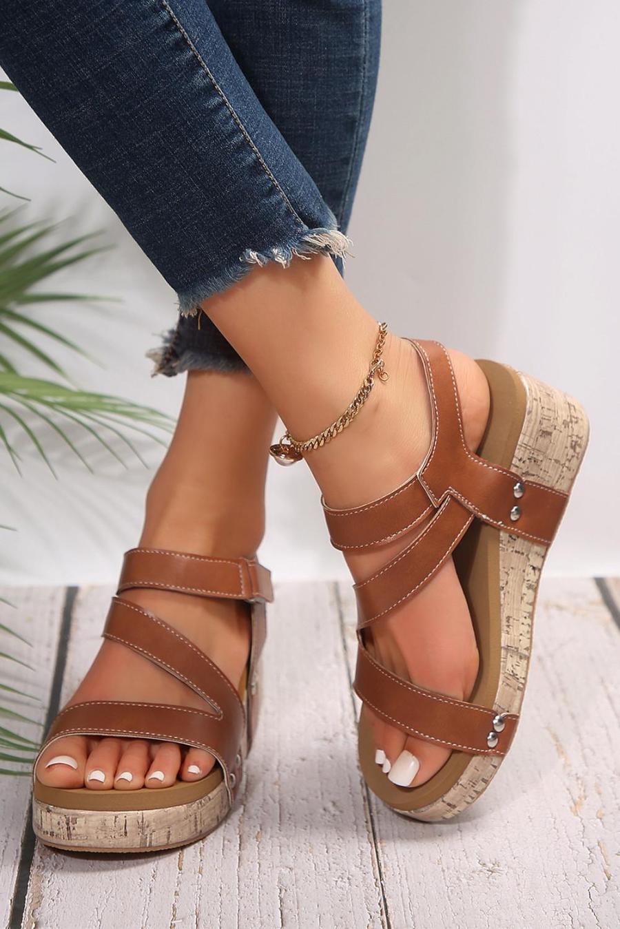 Sandals | Chestnut Hollow Out Velcro Leather Wedge Sandals - Women