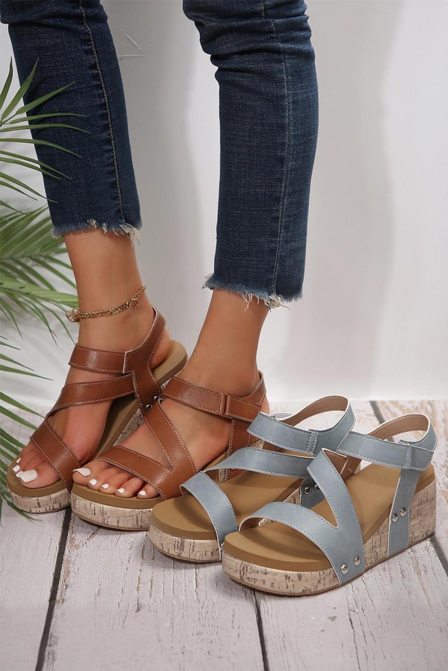 Sandals | Chestnut Hollow Out Velcro Leather Wedge Sandals - Women