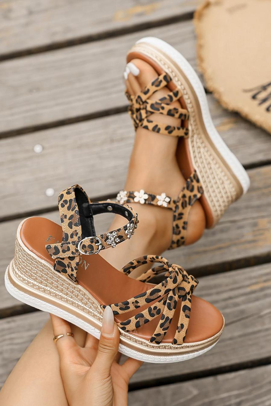 Sandals | Chestnut Rhinestone Flower Decor Leopard Strappy Wedge Sandals - Women