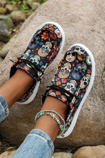 Sneakers | Black Halloween Skull Print Casual Shoes - Women