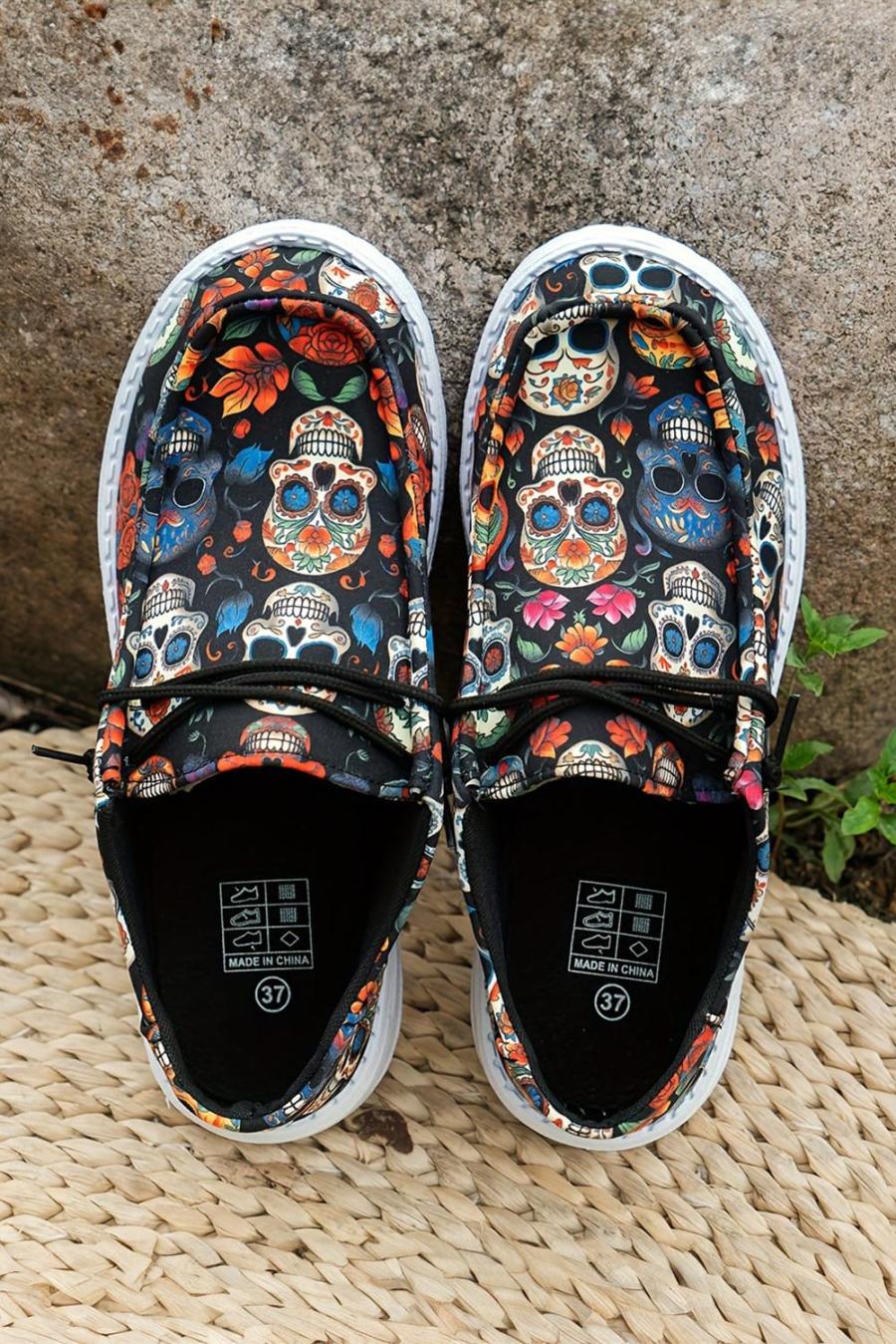 Sneakers | Black Halloween Skull Print Casual Shoes - Women