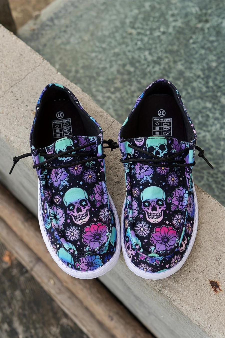 Sneakers | Dark Blue Halloween Skull Print Lace Up Casual Shoes - Women