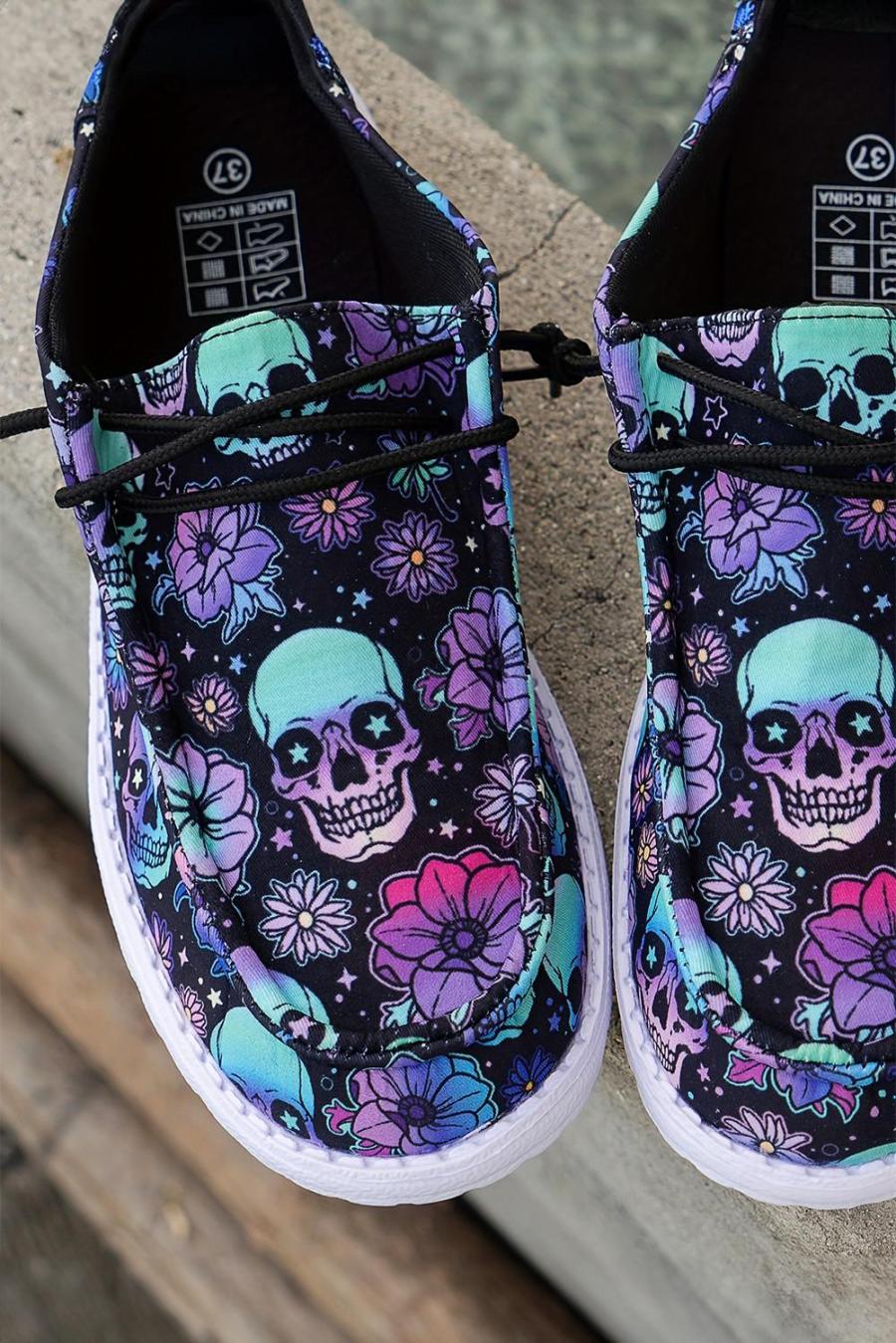 Sneakers | Dark Blue Halloween Skull Print Lace Up Casual Shoes - Women