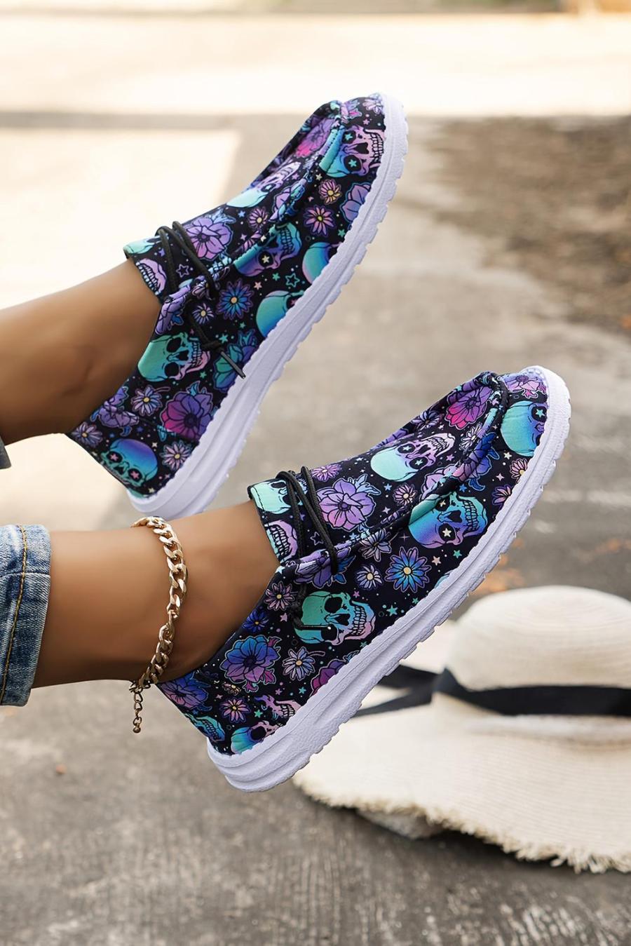 Sneakers | Dark Blue Halloween Skull Print Lace Up Casual Shoes - Women