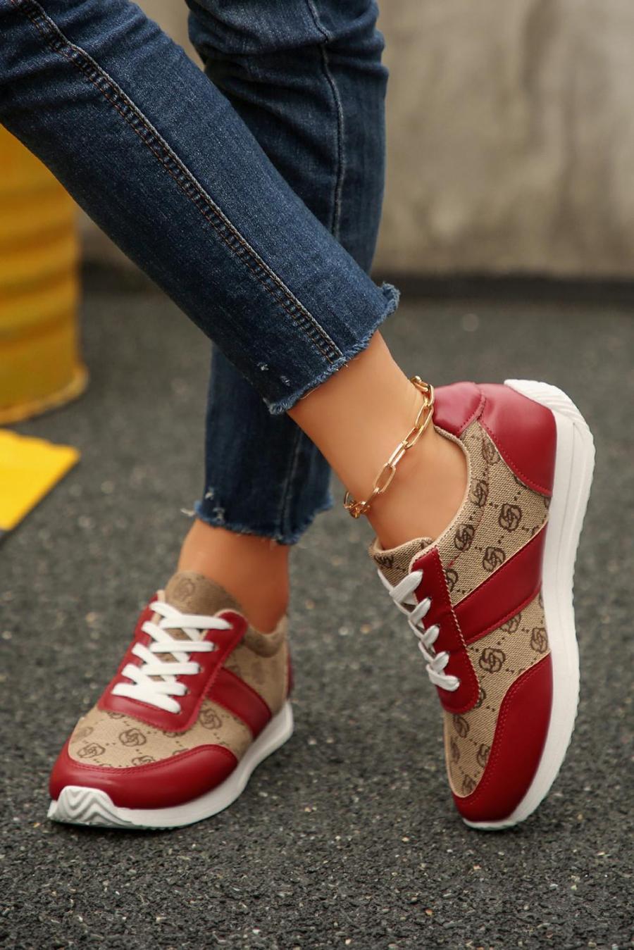 Sneakers | Fiery Red Patchwork Lace Up Sneakers - Women