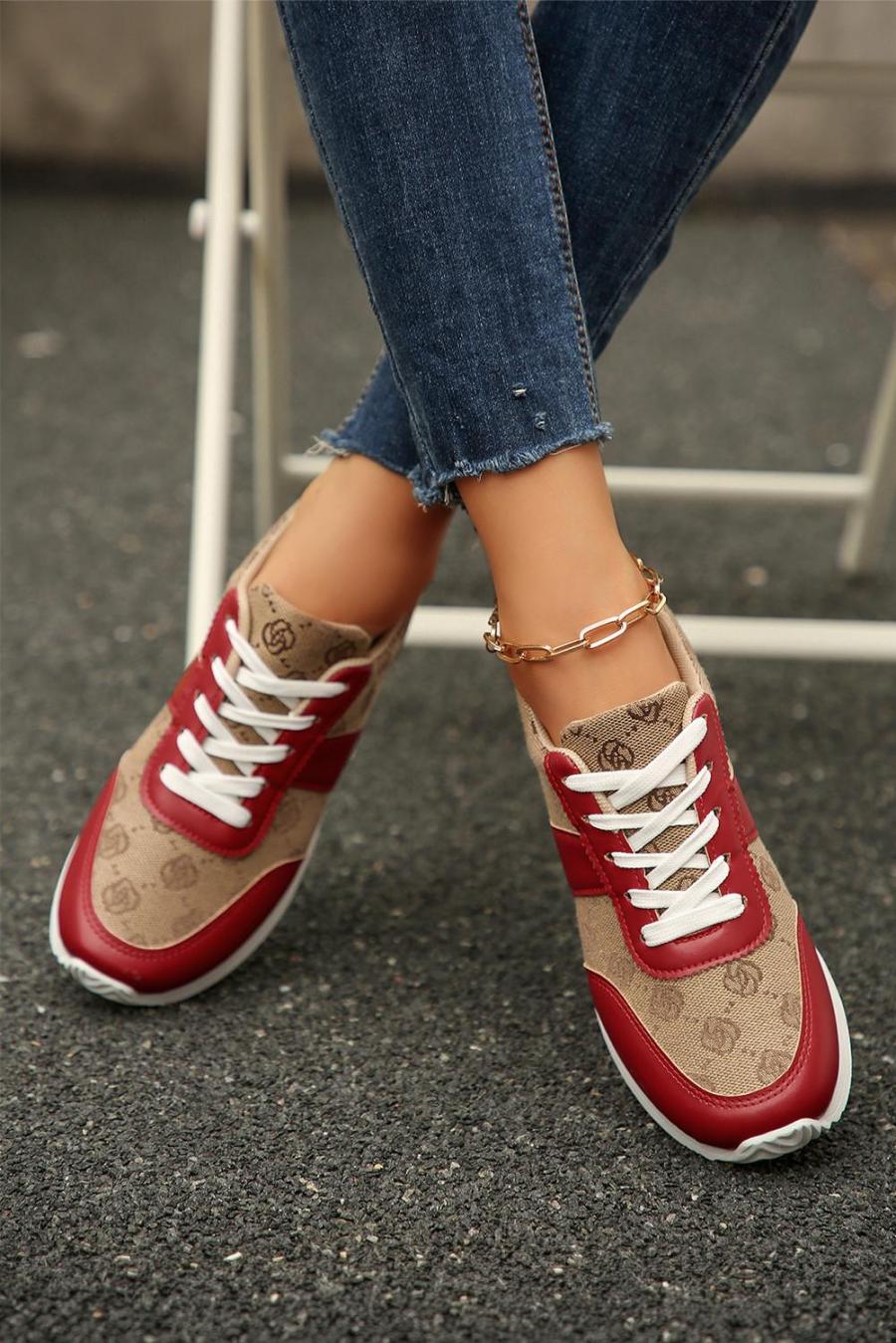 Sneakers | Fiery Red Patchwork Lace Up Sneakers - Women