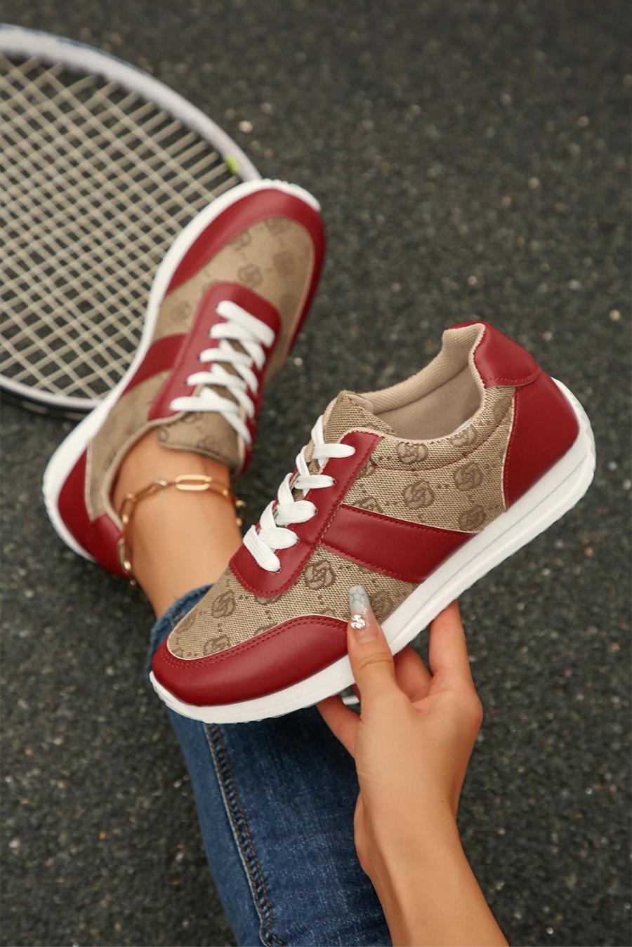 Sneakers | Fiery Red Patchwork Lace Up Sneakers - Women
