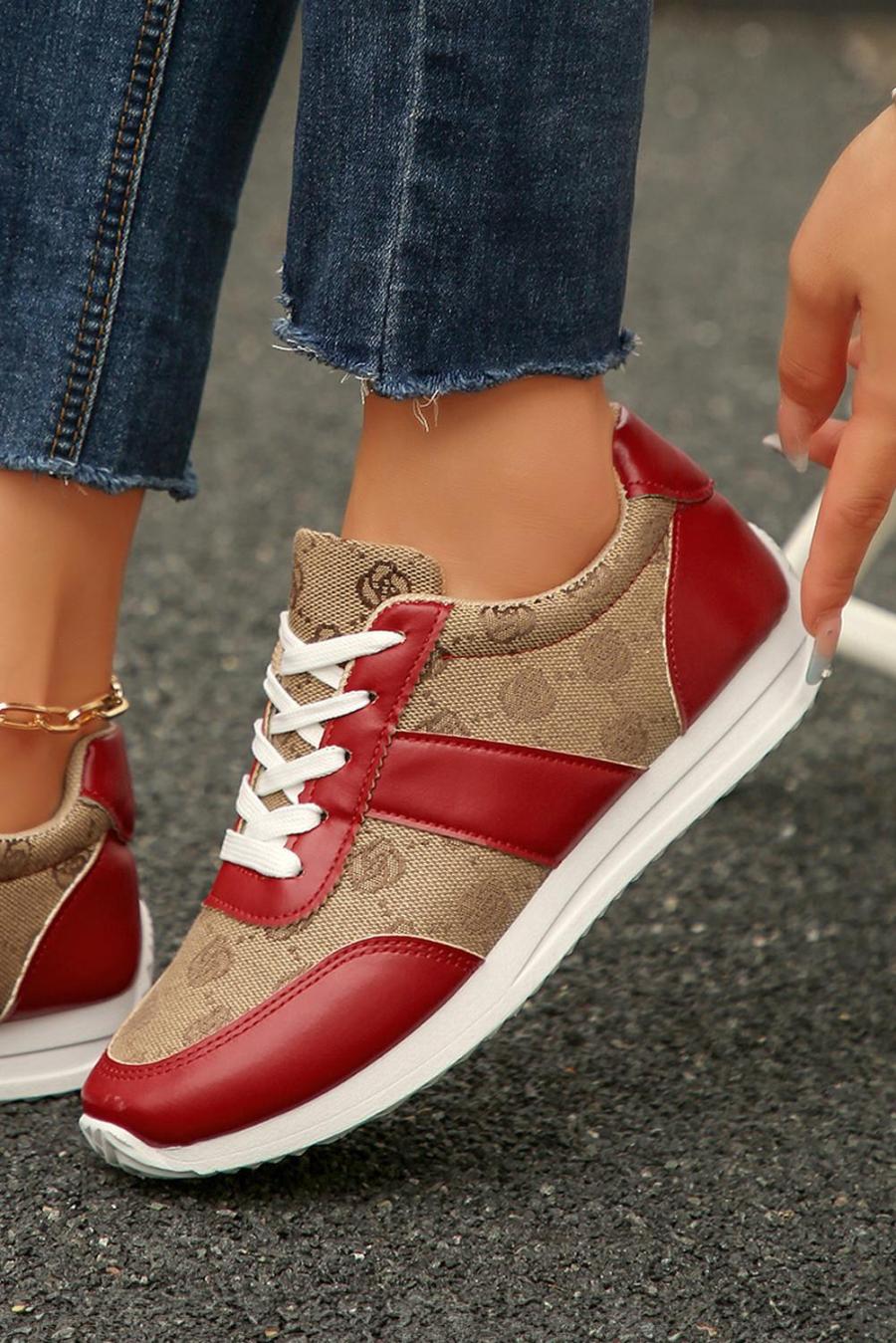 Sneakers | Fiery Red Patchwork Lace Up Sneakers - Women