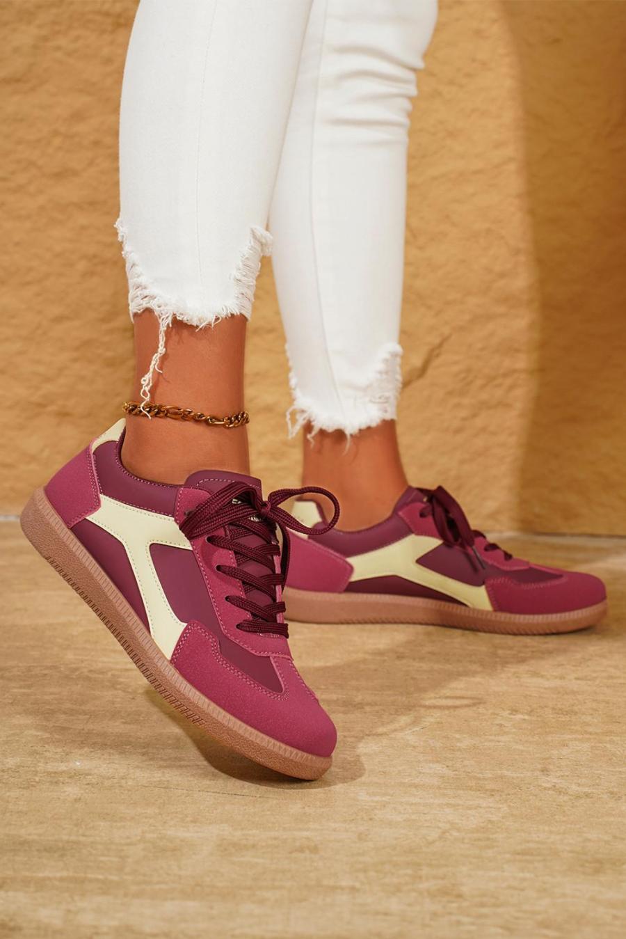 Sneakers | Fiery Red Pu Leather Stitched Colorblock Casual Lace-Up Sneakers - Women