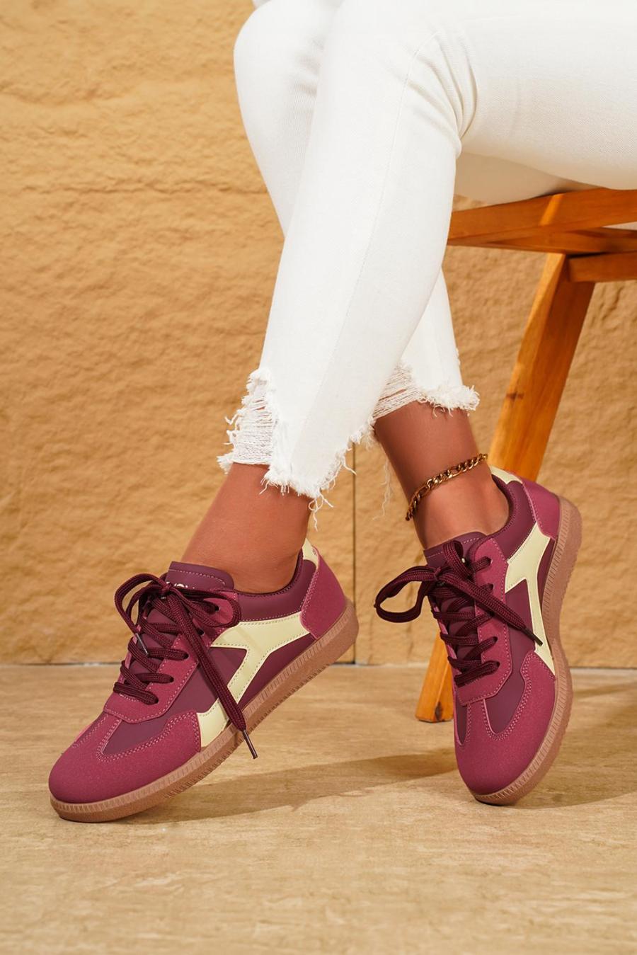 Sneakers | Fiery Red Pu Leather Stitched Colorblock Casual Lace-Up Sneakers - Women