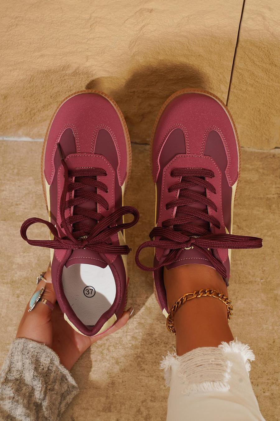 Sneakers | Fiery Red Pu Leather Stitched Colorblock Casual Lace-Up Sneakers - Women
