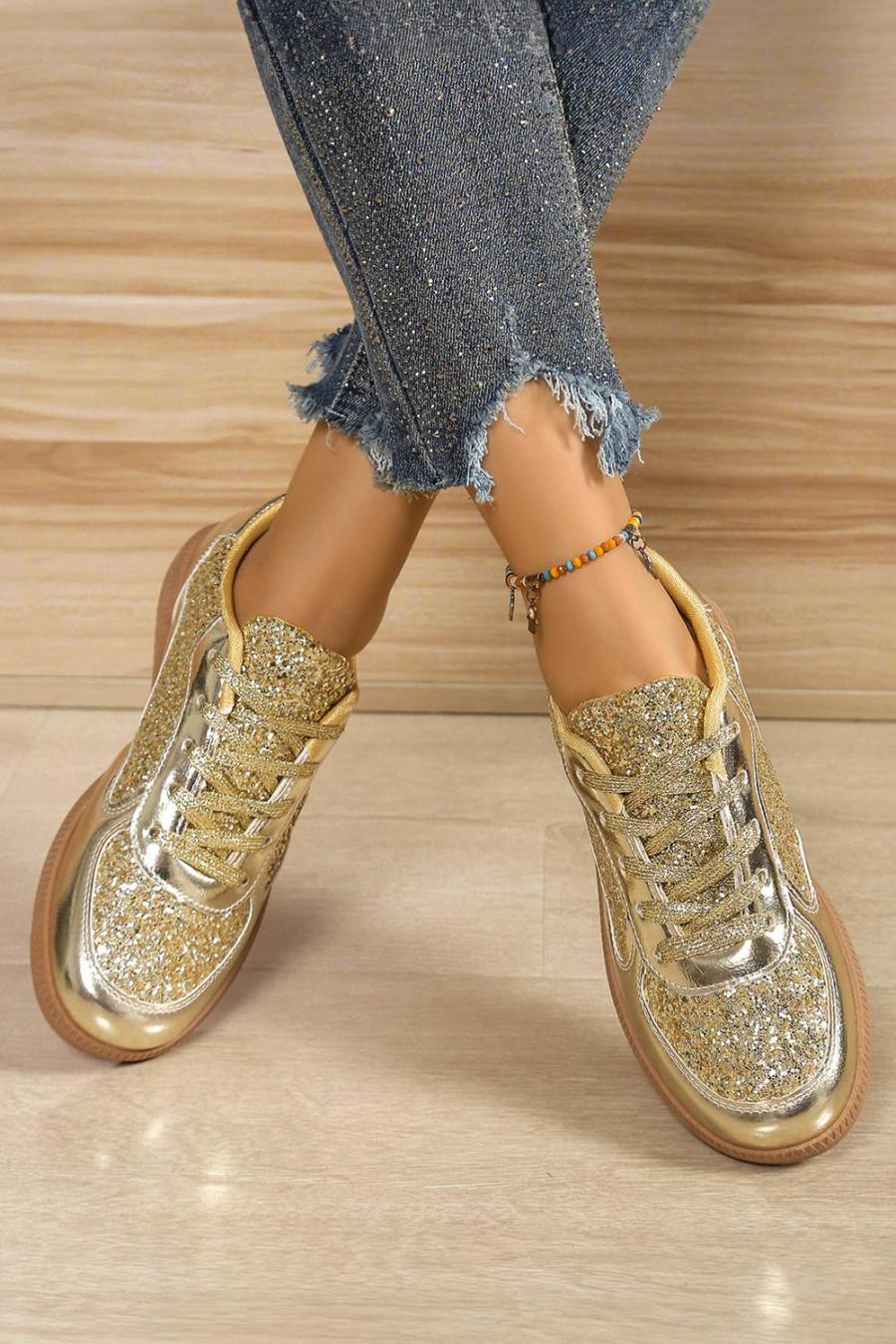 Sneakers | Gold Glitter Patchwork Lace Up Sneakers - Women