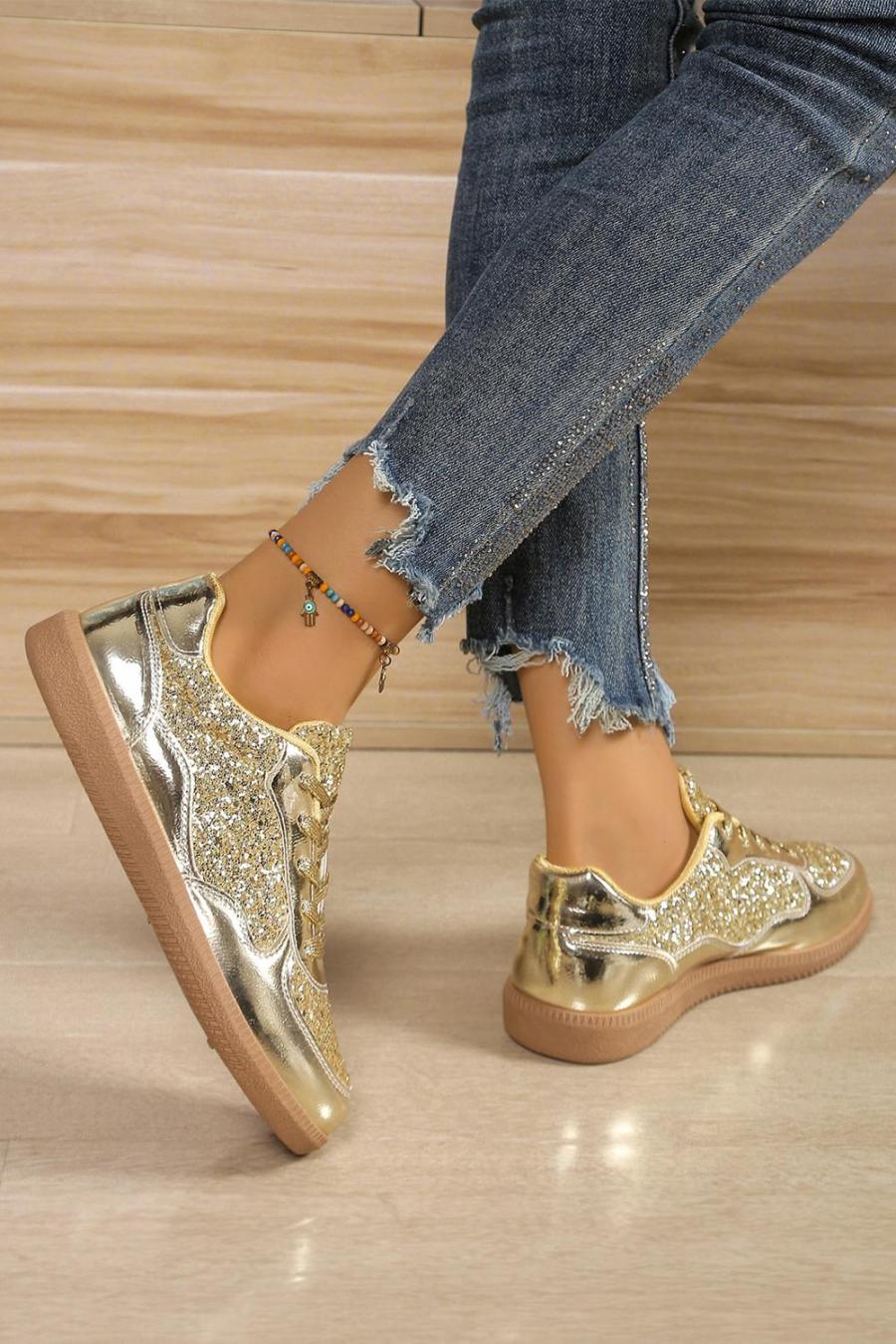 Sneakers | Gold Glitter Patchwork Lace Up Sneakers - Women