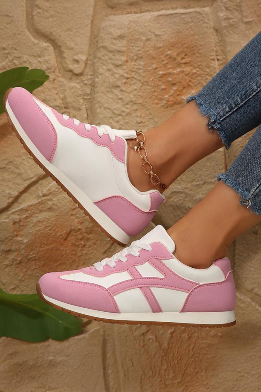 Sneakers | Pink Contrast Lace Up Round Toe Sneakers - Women
