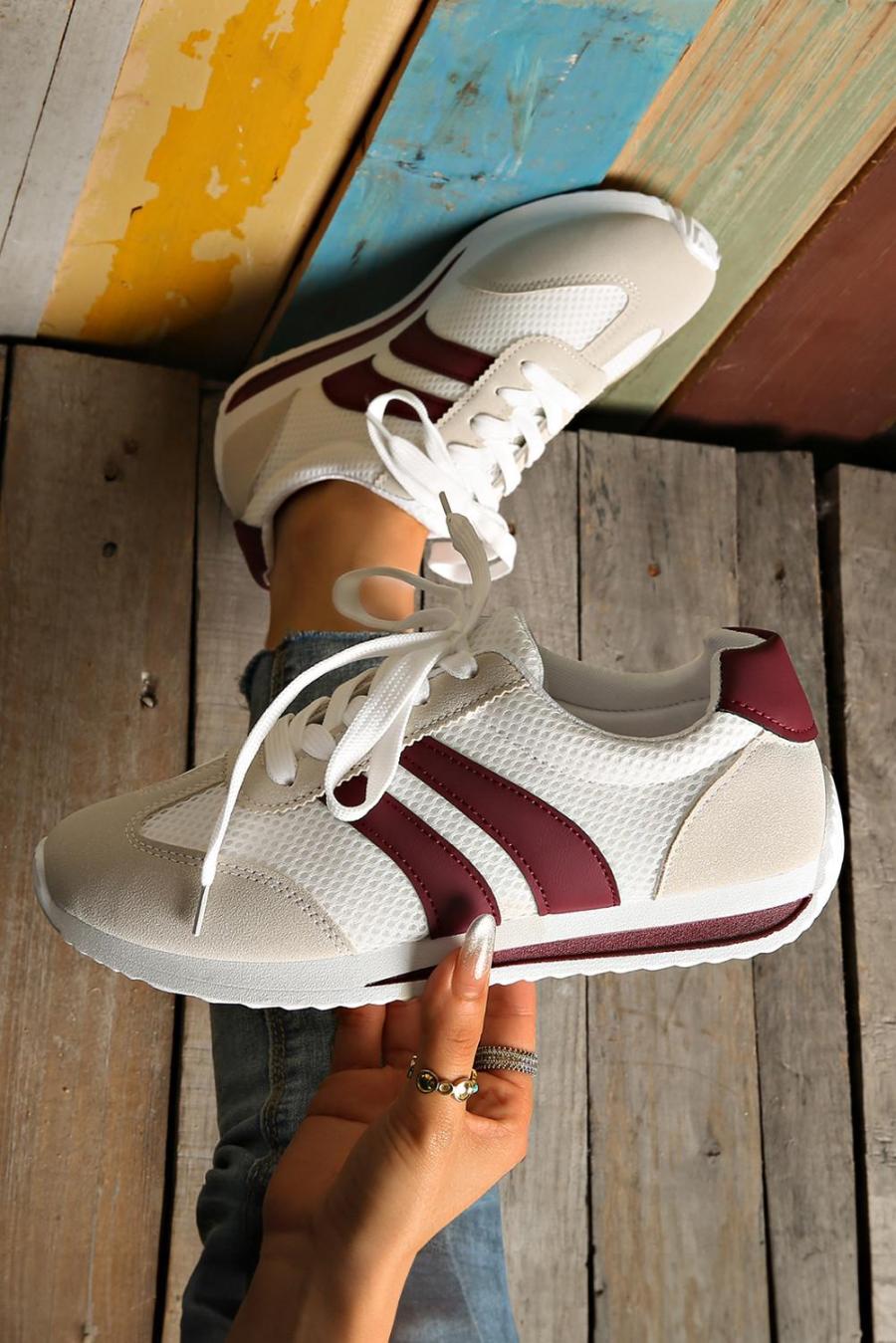 Sneakers | White Patchwork Breathable Lace Up Sneakers - Women