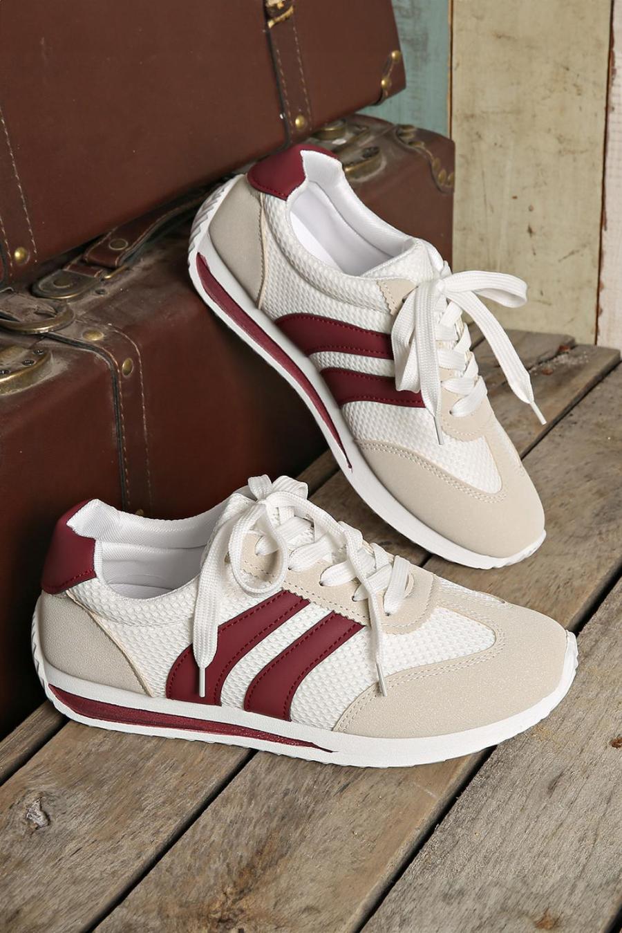 Sneakers | White Patchwork Breathable Lace Up Sneakers - Women
