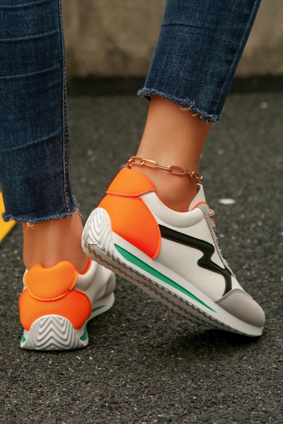 Sneakers | White Pu Leather Color Block Patchwork Lace Up Sneakers - Women