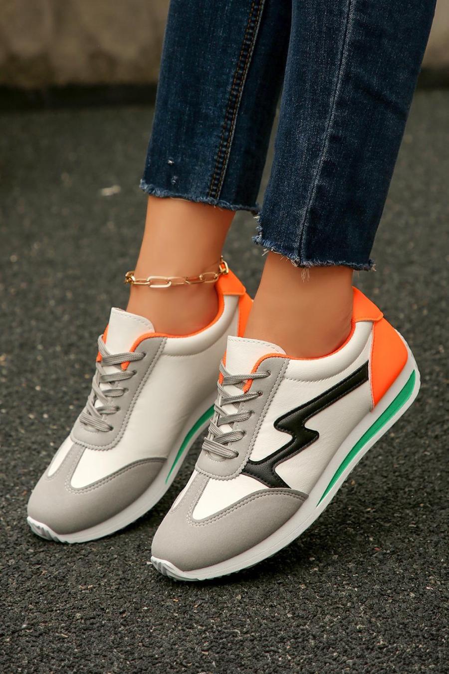 Sneakers | White Pu Leather Color Block Patchwork Lace Up Sneakers - Women
