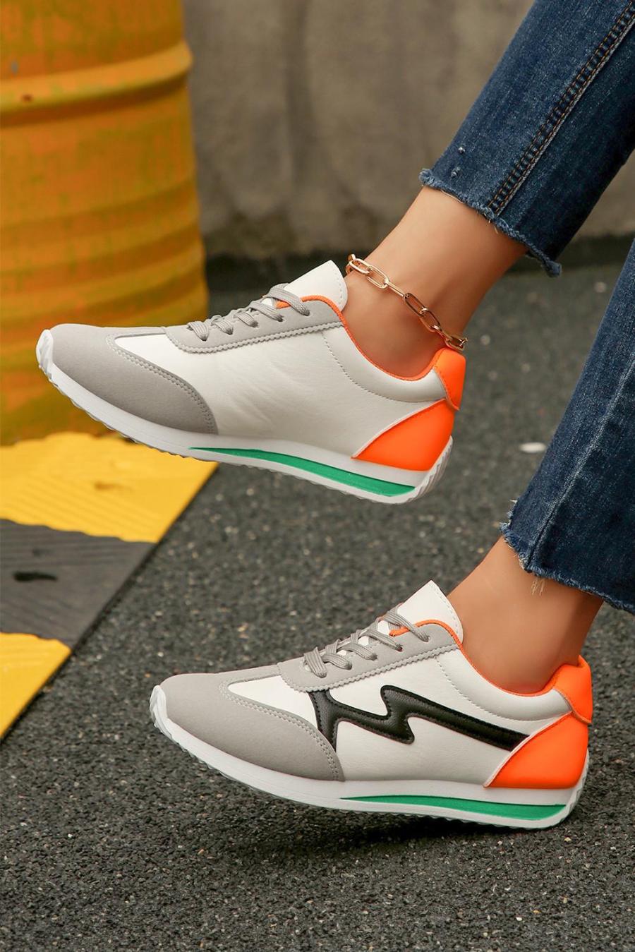 Sneakers | White Pu Leather Color Block Patchwork Lace Up Sneakers - Women