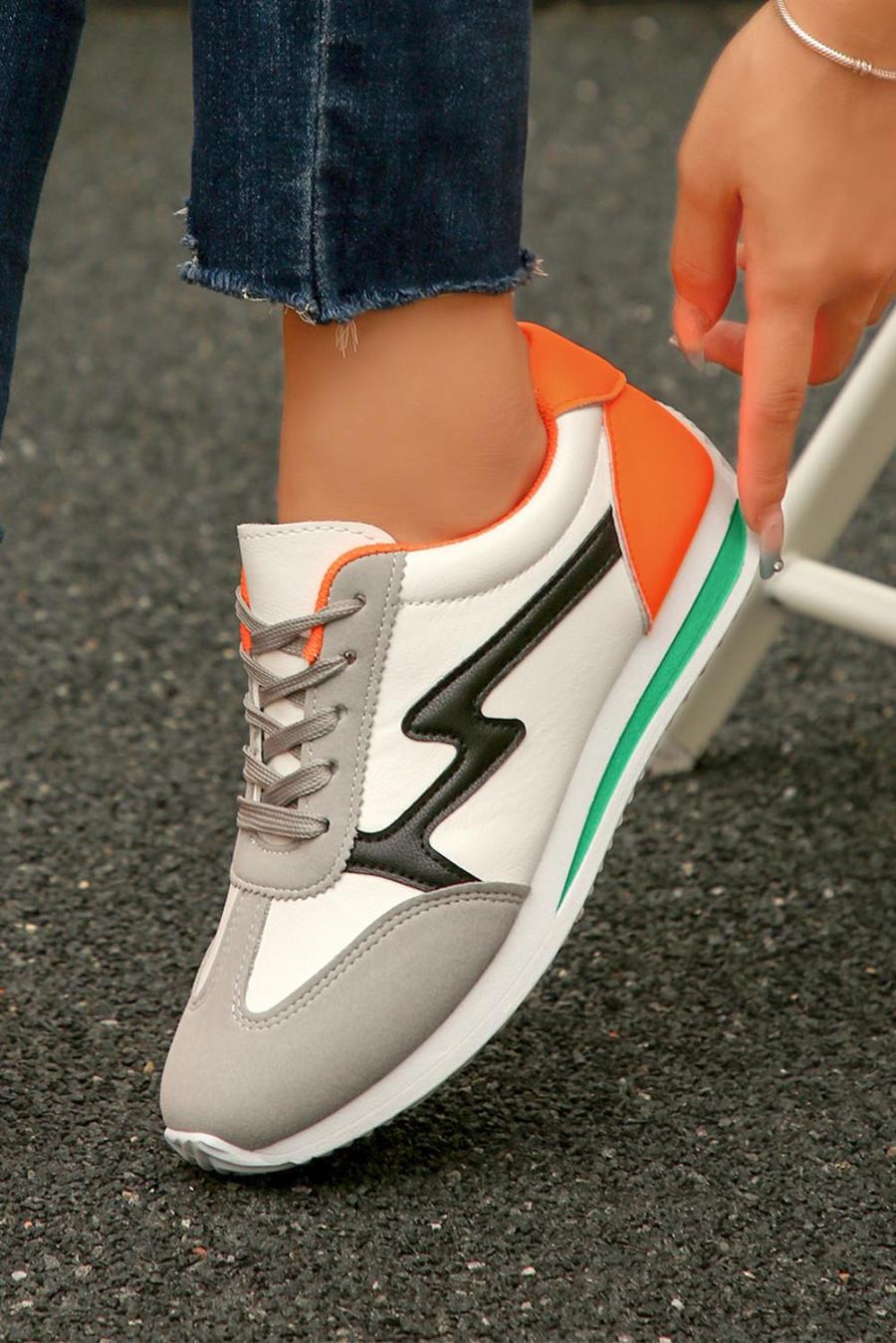 Sneakers | White Pu Leather Color Block Patchwork Lace Up Sneakers - Women