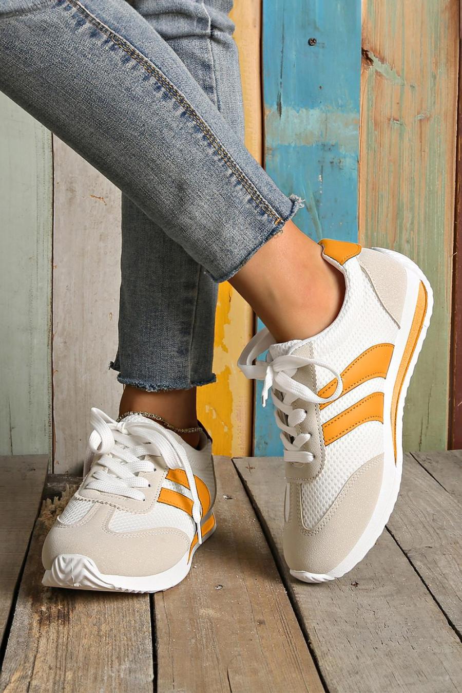 Sneakers | Yellow Patchwork Breathable Lace Up Sneakers - Women