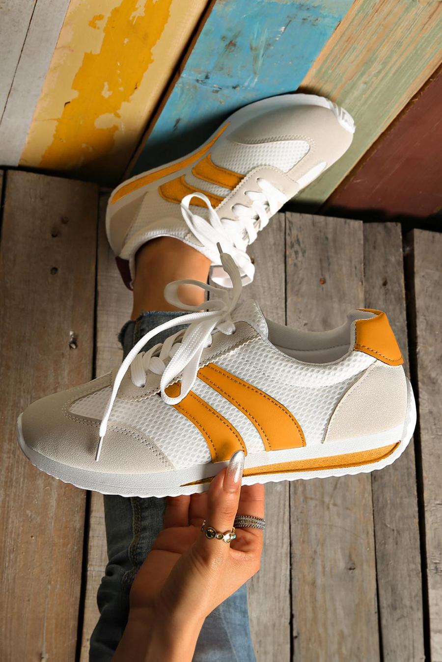 Sneakers | Yellow Patchwork Breathable Lace Up Sneakers - Women
