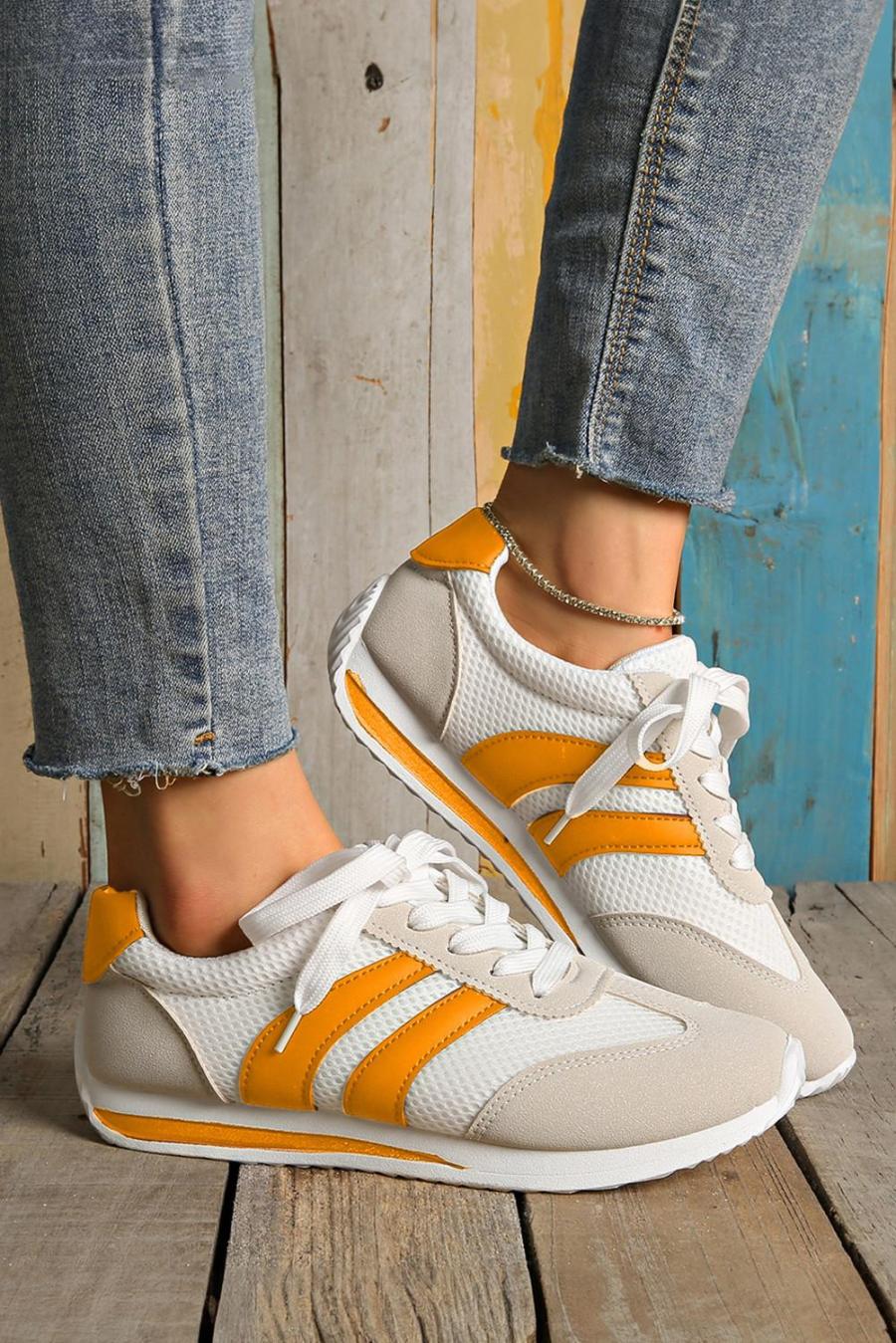 Sneakers | Yellow Patchwork Breathable Lace Up Sneakers - Women